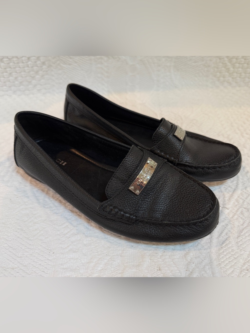 Coach Fredrica Slip On Driving Loafers Size 7.5 Black Pebbled Leather Flats Logo